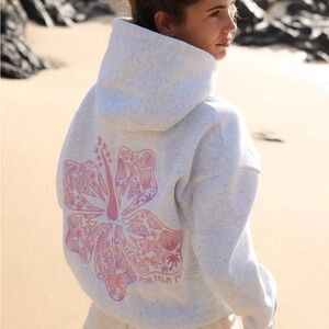 Pink Palm Puff Hawaii Hibiscus Hoodie in Heather Cloud Size Small